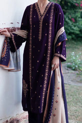 GARNET - 3PC DHANAK EMBROIDERED SHIRT WITH TWILL PRINTED SHAWL AND TROUSER - HZU2486